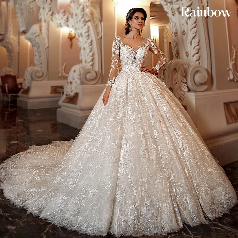 

Vintage Wedding Dress Beading Organza With Embroidery Ball Gown O-Neck Full Sleeve Customized Bridedress Button Vestido De Novia