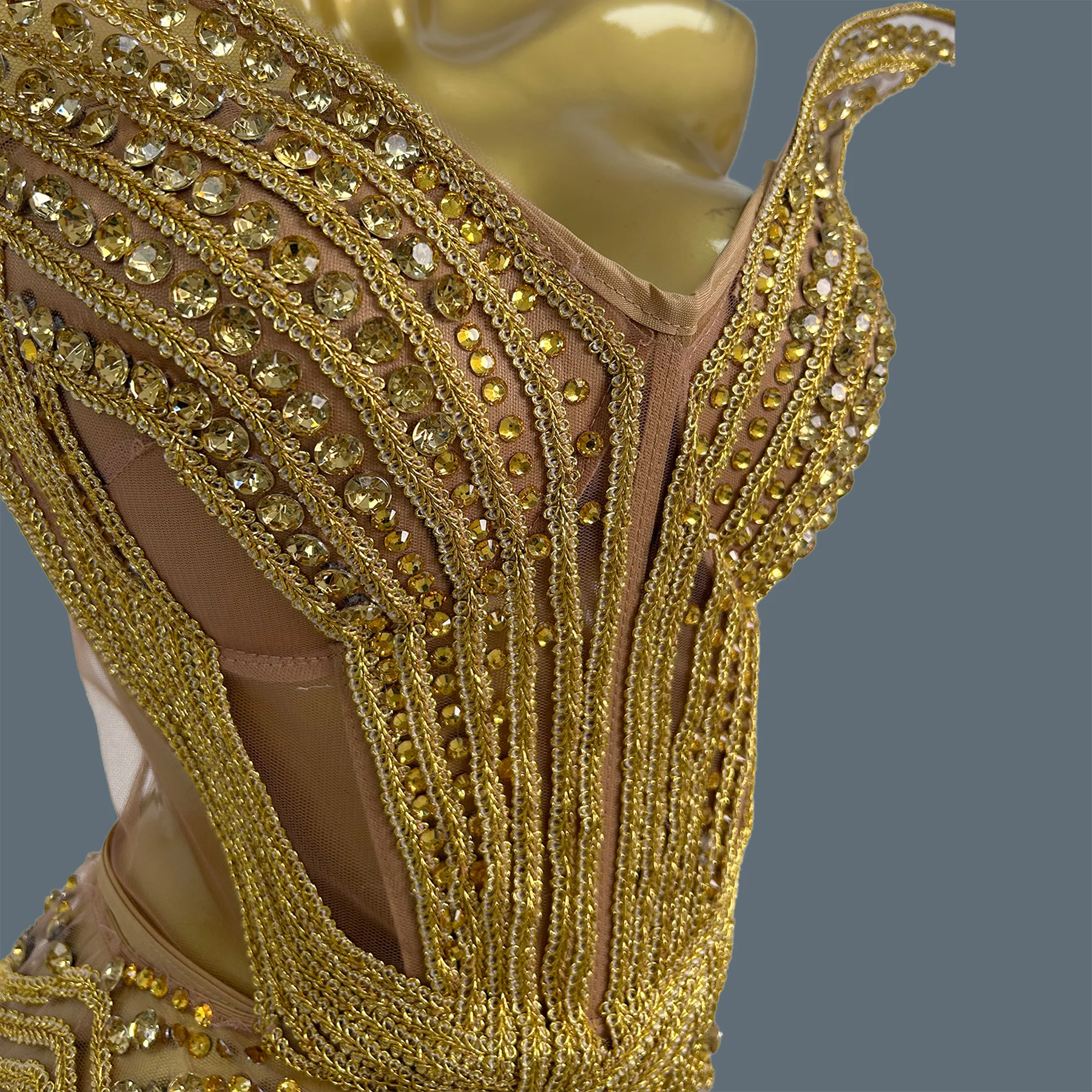 

Women Sexy Night Club Party Outfit Sparkly Gold Crystals Mesh Bodycon Mini Dress Dance gig Dress Drag Queen Performer Wear Laba