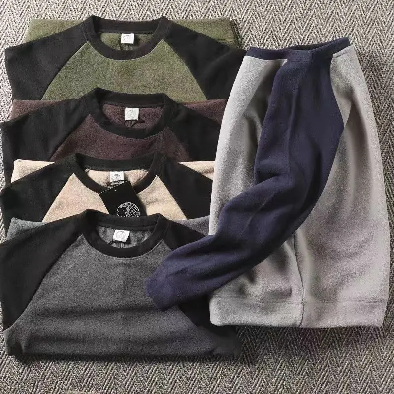 Double sided color blocking splicing winter oversized t shirt velvet warm T-shirt loose casual long sleeved top women clothing