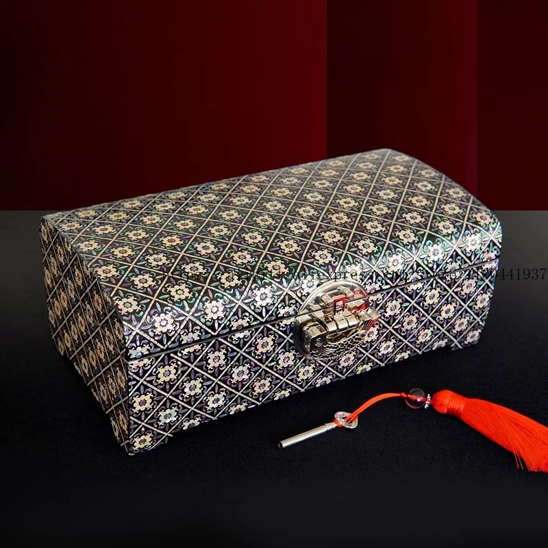 

Luxury Locking Jewelry Box Chinese Mother-of-Pearl Wooden Case Perfect Bridesmaid BFF Gift with Key Storage Organizer