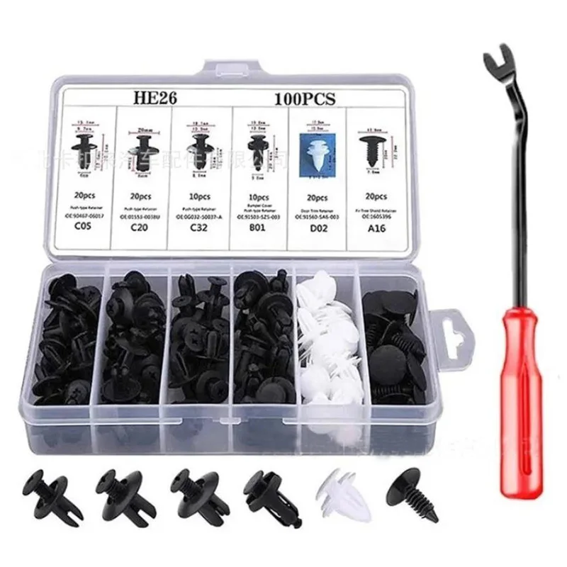 100pcs With 1pc Tool Car Retainer Clips Set Auto Fasteners Push Trim Clips Pin Rivet Bumper Kit