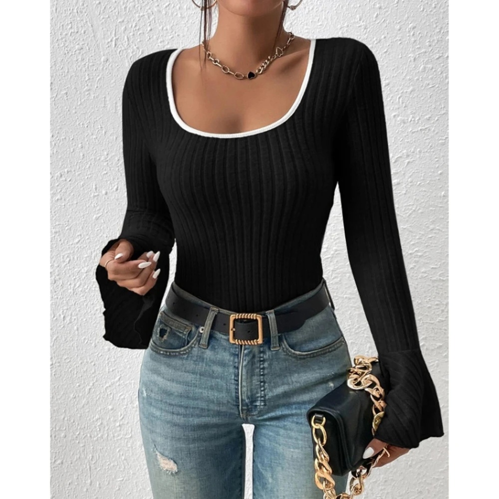 Autumn Fashion Women Colorblock Ribbed U Neck Flare Long Sleeve T Shirts Elegant Femme Skinny Top Fall Clothes 2024 Women