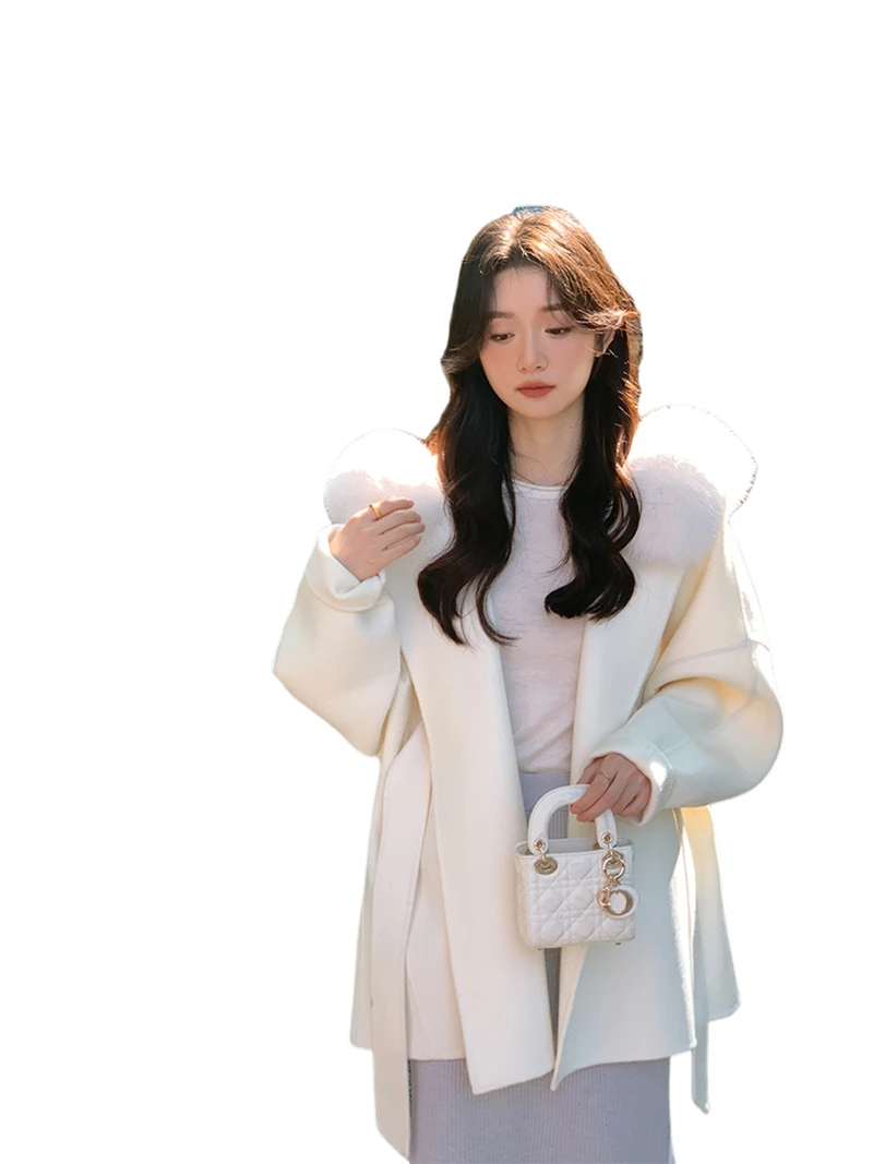 Płaszcz Moonlight Coat dla kobiet na jesień i zimę 2025 to wełniany płaszcz z kapturem i futrem z lisicy, nowy płaszcz dwustronny z kaszmirem.