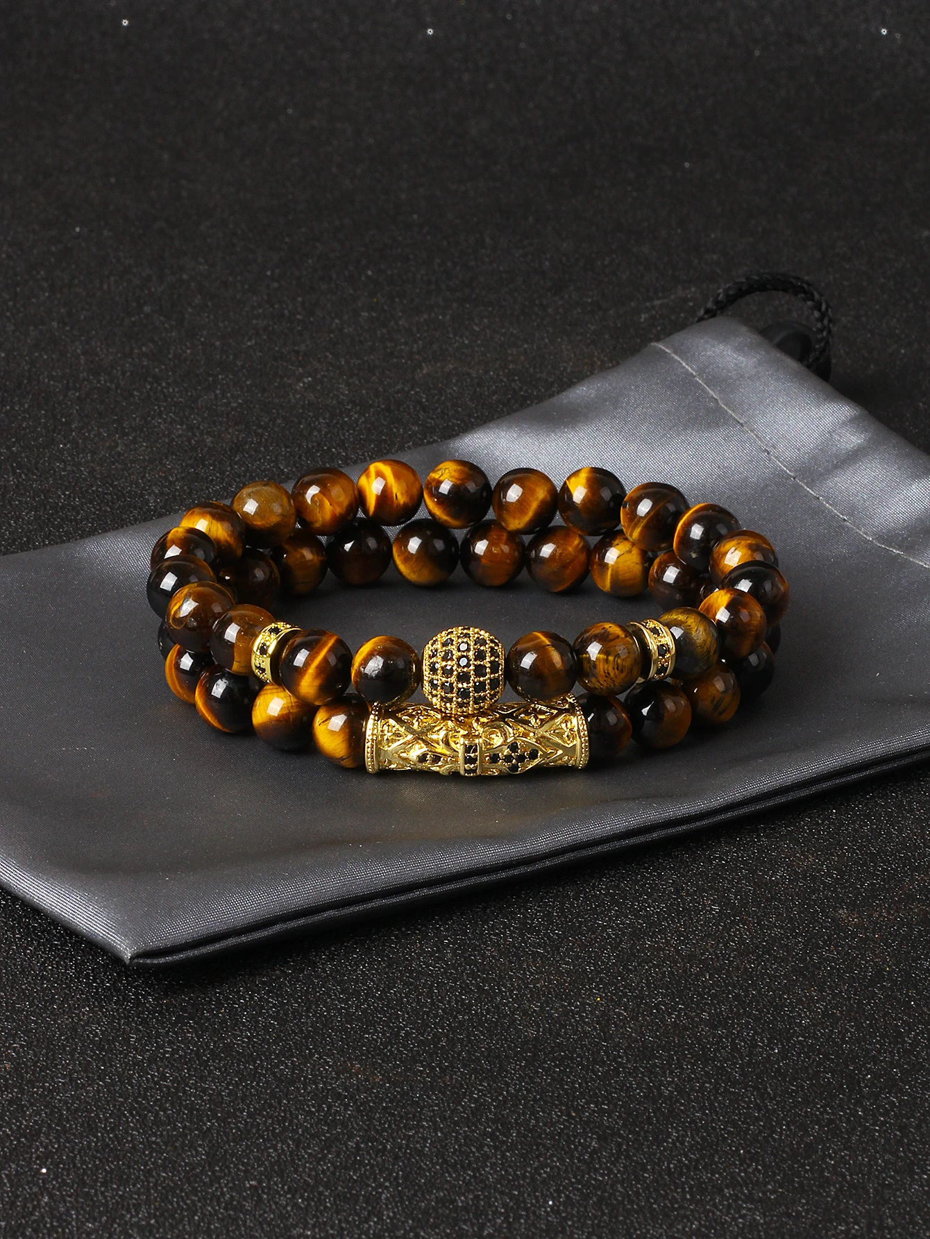 

Tiger Eye Stone Bracelet 2Pcs/Set Copper Micro Inlaid Zircon Balls & Long Tube for Protection Confidence Positive Energy Jewelry