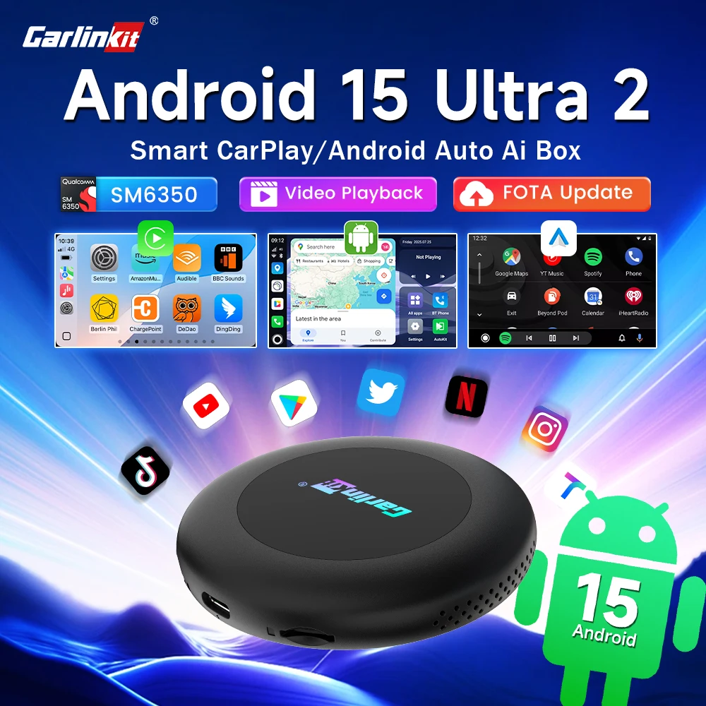 CarlinKit 3 في 1 Android 15 CarPlay Ai Box محول لاسلكي Android Auto Qualcomm SM6350 128GB 8-Core لـ Youtube Netflix FOTA