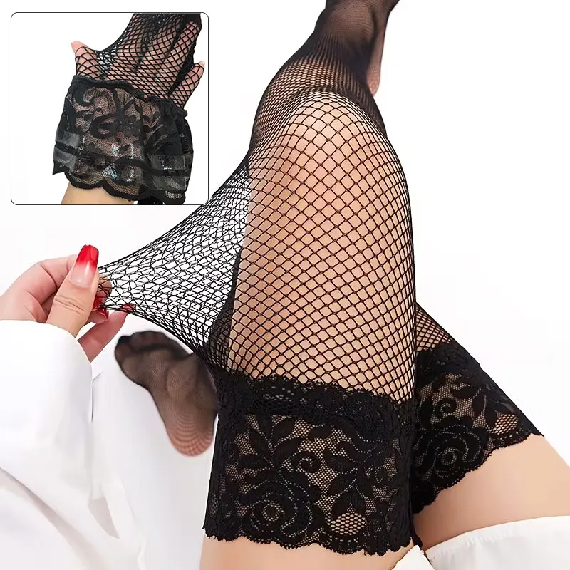 Silikon-Anti-Rutsch-Netzstrümpfe über dem Knie, Spitzenstrümpfe mit Blumenmuster, lange Socken für Damen