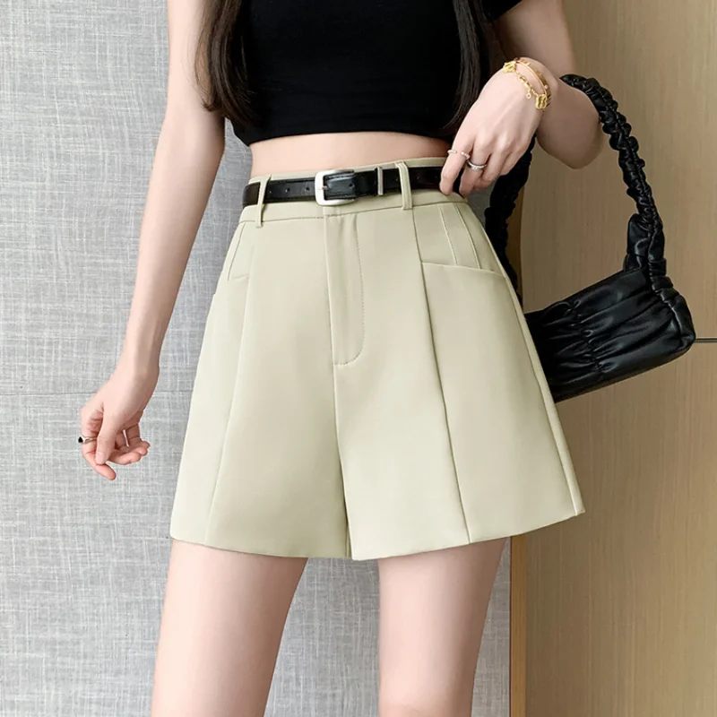 

Casual Shorts Women 2024 Summer New High Waist A-line Wide Leg Shorts Ladies Casual Suit Shorts With Belt