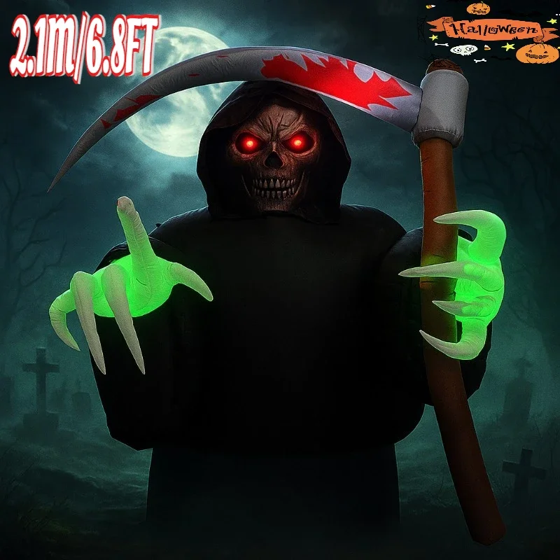 Juguetes inflables de Halloween de 6,8 pies, decoraciones Grim Reaper con LED integrados, explosión para fiestas, vacaciones, decoraciones de patio al aire libre