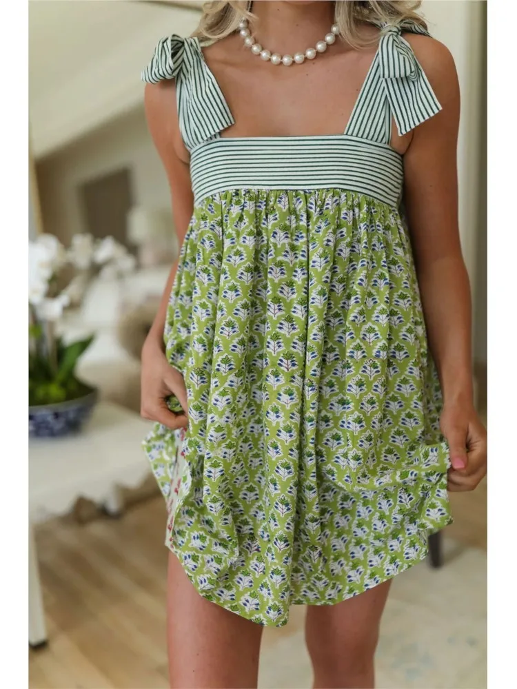 Mini abiti da donna con stampa Abito con scollo quadrato Boho Flowy Abiti estivi Para Mujer Beach Holiday Abito con bretelle ampio e casual