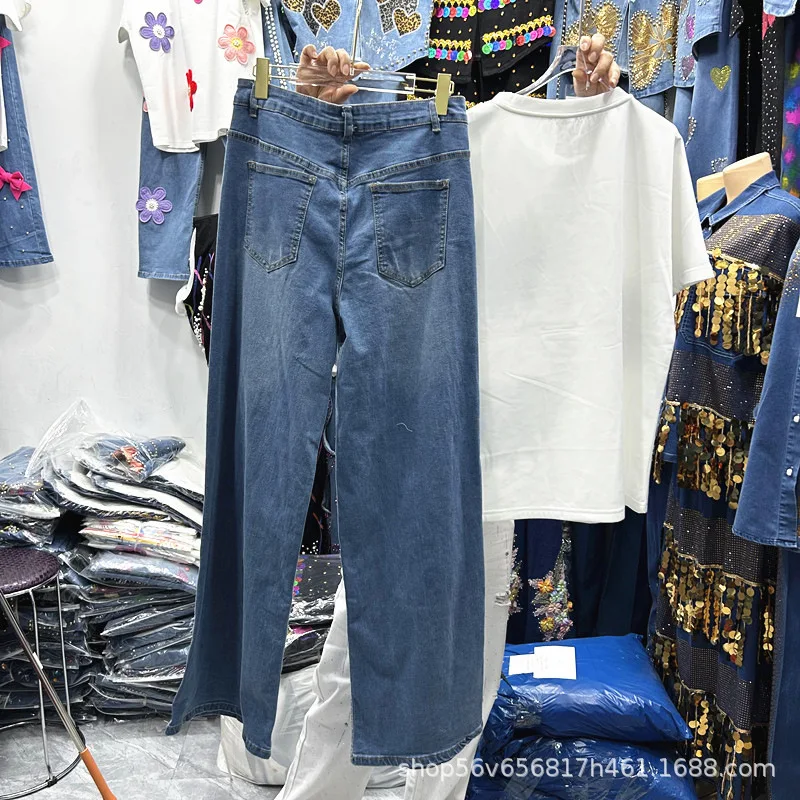 New Spring Summer Women Two-piece Set Beading Bow Embroidery White Short Sleeve T-shirt + High Waist Wide Leg Straight Jeans