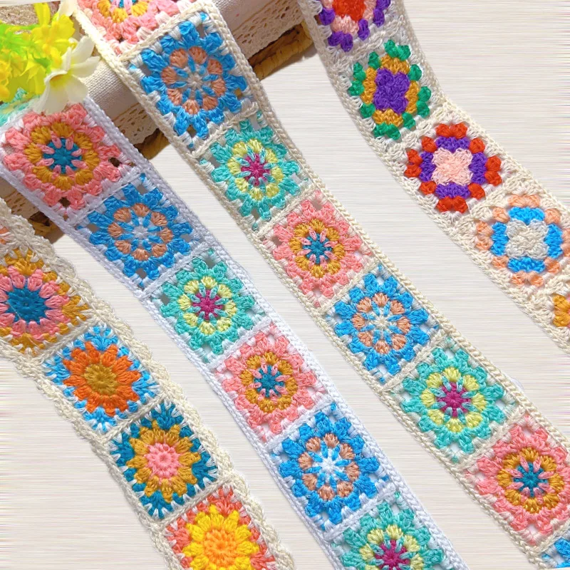 

Широкая красочная хлопковая вязанная крючком кружевная бейка с квадратной лентой со штрих-кодом для домашнего текстиля, сумки для одежды, аксессуары, украшение из бисера