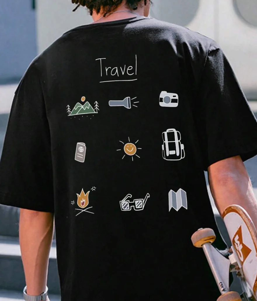 Men's Loose T-shirt with Letter Print Off Shoulder Short Sleeved Casual T-shirt, Summer T-shirt