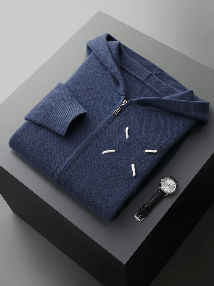 Chic Autumn Winter High Quality Men's Clothing Zipper Knitted Coat 100% Cashmere Sweater Thick Warm Hooded Cardigan Popular Tops
