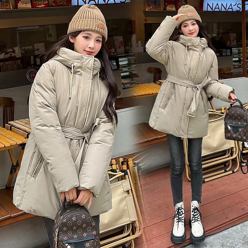 2024 Casual Waist Parka Coat Women's Fashion Simple Cross-Border Coat Women's Elegant Hooded Cotton Jacket Coat