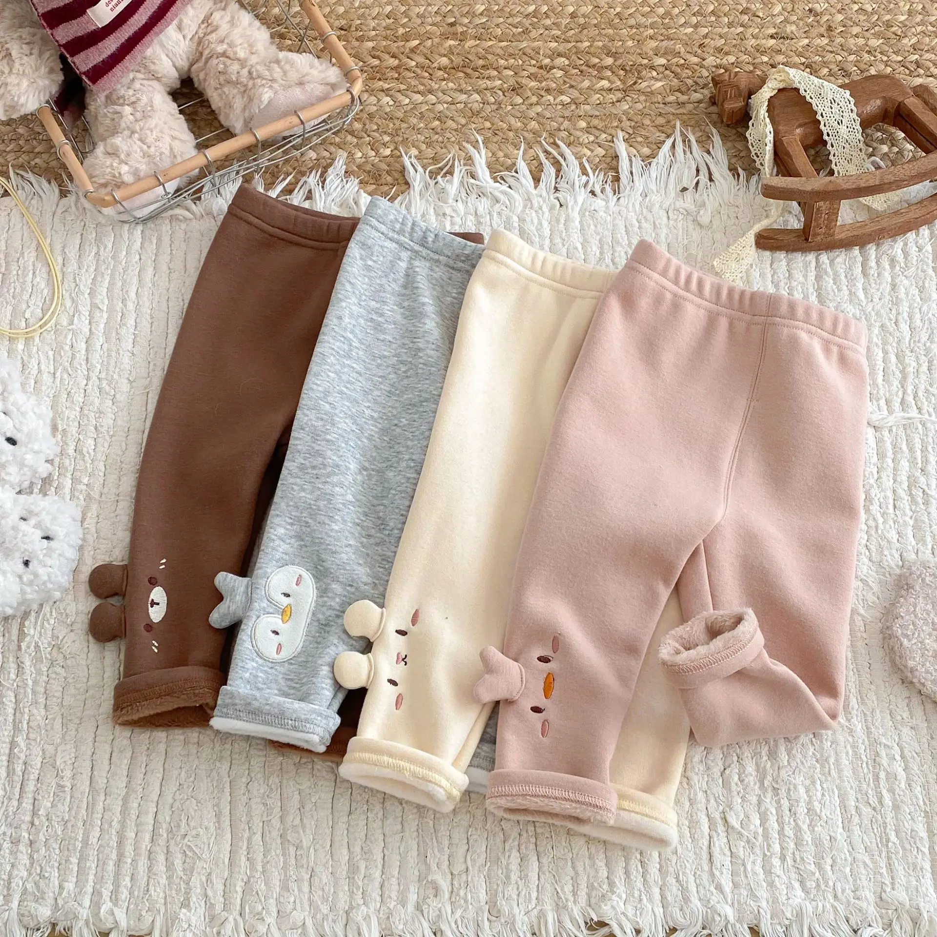 

0-5Y Baby Girl 3D Ear Decor Thickened Pants 2025 Winter Kids Clothes Girls Fleece Lined Leggings Cute Warm New Bottoms Pants