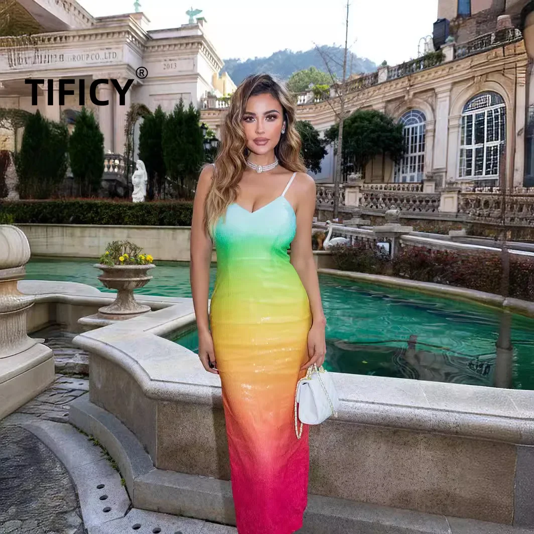 

High Street Women's V-neck Camisole Rainbow Gradient Sequins Date Travel Dress Socialite Evening Silm Dresses