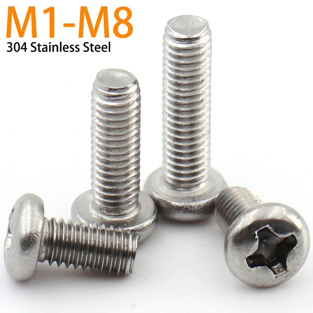 

10-100pcs M1 M1.2 M1.6 M2 M2.5 M3 M4 M5 M6 M8 A2 304 Stainless steel Cross Round Phillips Pan Head Machine Screw Bolt DIN7985