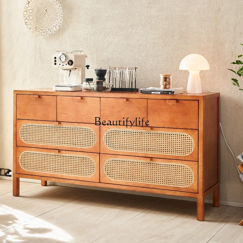 Nordic household chest of drawers modern simple rattan drawer storage creative solid wood locker