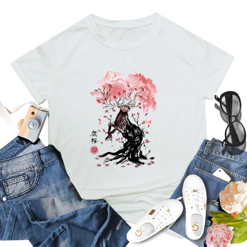 Sakura Deer Print Woman Crew Neck Short Sleeve T-shirt Cute Sakura Tree Girls Clothing Pink Cherry Blossoms Lover Classic Tshirt