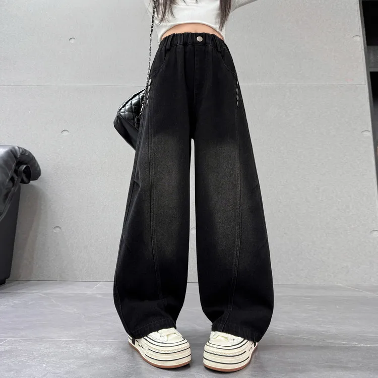 

Осенние школьные джинсовые брюки для девочек, детские прямые джинсы контрастного цвета в стиле ретро для девочек, свободные брюки с высокой талией на пуговицах для девочек