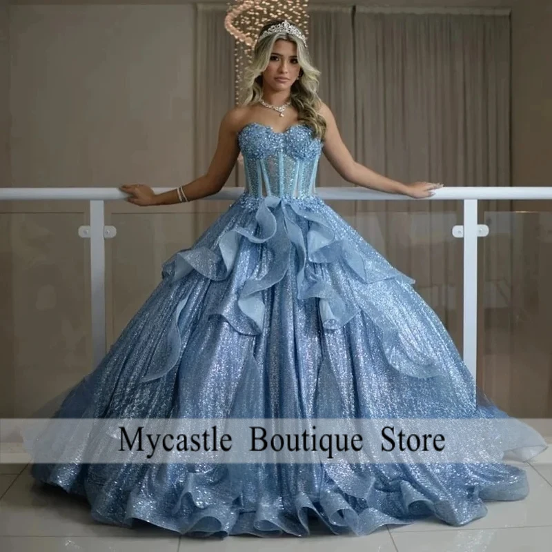 Sparkly Corset Quinceanera Dresses for Girls Strapless A-line Pleated Ball Gown Vestidos De 15 Quinceanera Customized
