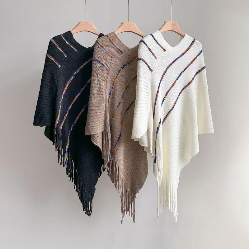 

Warm thickened large-size colorful fringe shawl pullover cape knitted outerwear bohemian ethnic style scarf for women