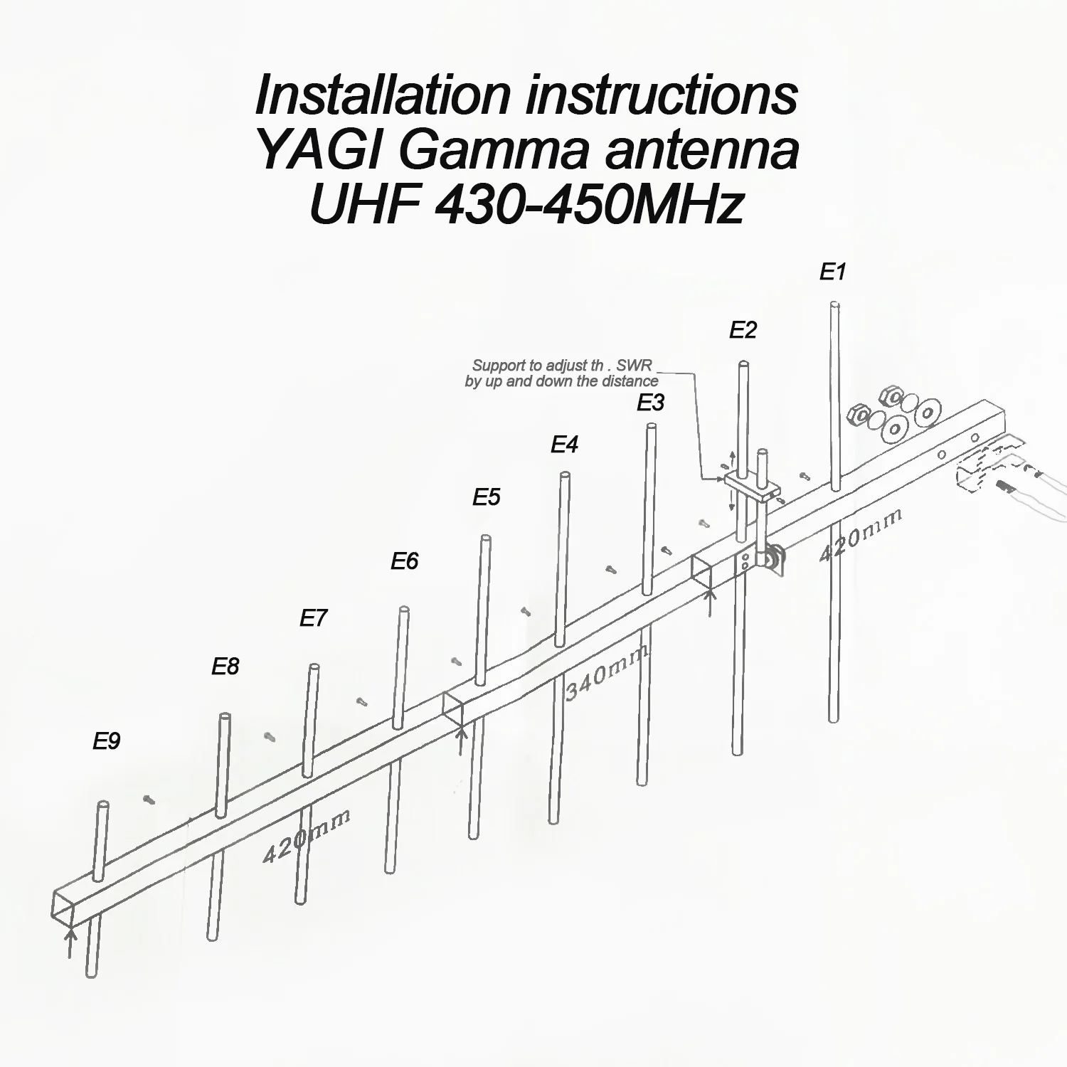 Walkie-talkie Yagi Gamma, antena UHF 430-450MHz, 9 elementos, 150 vatios, 13dB, alta ganancia, 1180mm de longitud de pluma