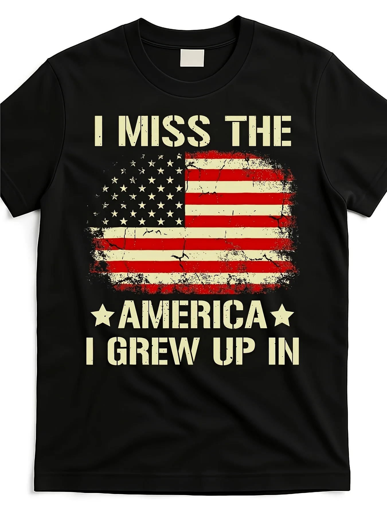 I Grew up in the Usa, and This Unisex Vintage American Flag Graphic T-Shirt Is a Distressed Round-Neck T-Shirt with Bold White Letters, Perfect for Patriotic Casual Wear, and Is a Great Gift for Independence Day and Memorial Day, Available in Plus Sizes