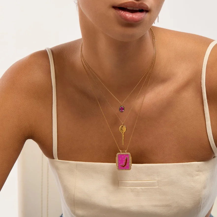 New Tarot pink dripping square pepper necklace geometric inlaid zirconium star pendant copper color retention