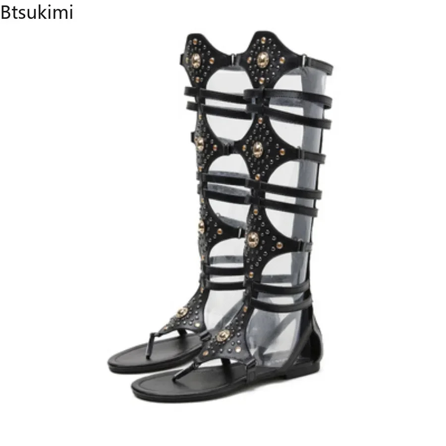 

2025 Women's Summer Sandals Gladiator Roman Sandals PU Leather Open Toe Knee High Rivet Leisure Shoes Flat Boot Women Sandalias