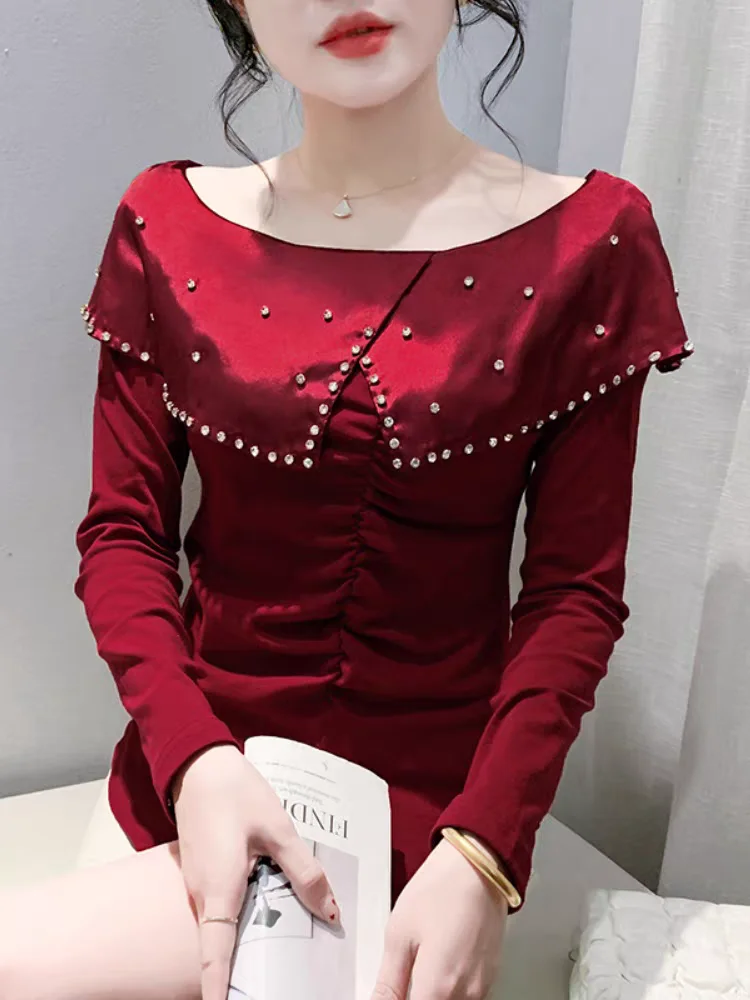 Autumn Fashion Cotton T Shirts Girl Long Sleeve Beading Slash Collar Off Shoulder Top Slim Fit T-shirt Sweet Style Women's Wear