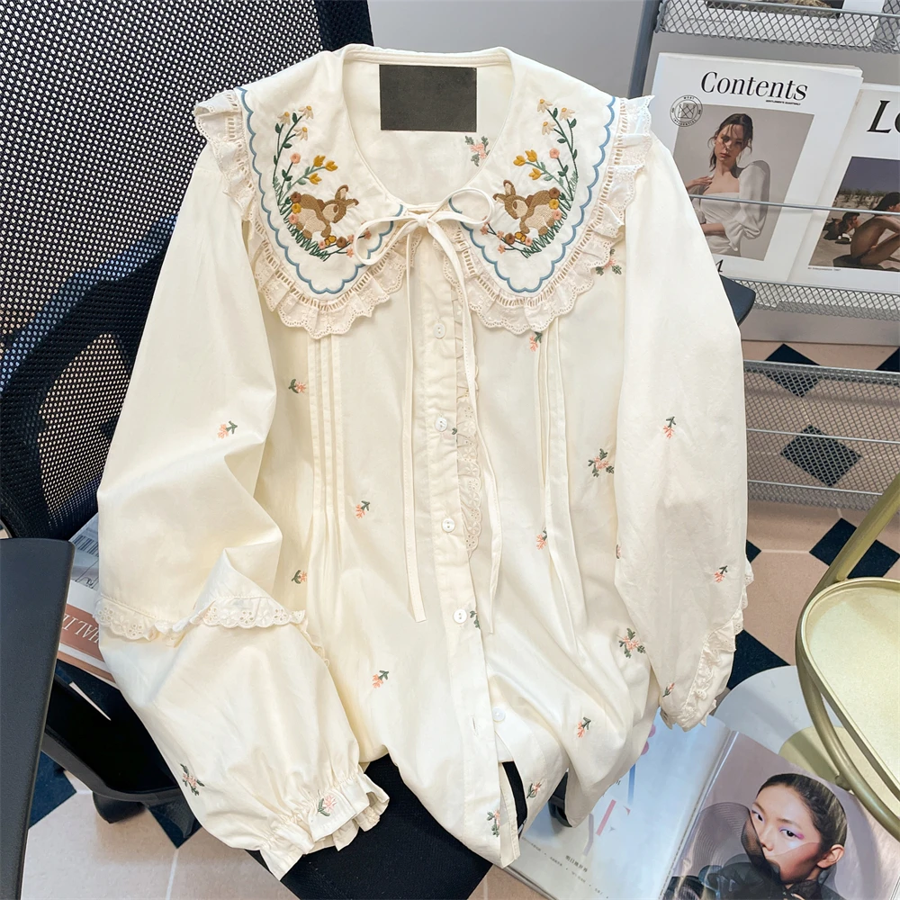 

French Style Cartoon Rabbit Floral Embroidery Shirts Women Cute Sweet Peter Pan Collar Long Sleeve Ruffles Casual Blouse Tops