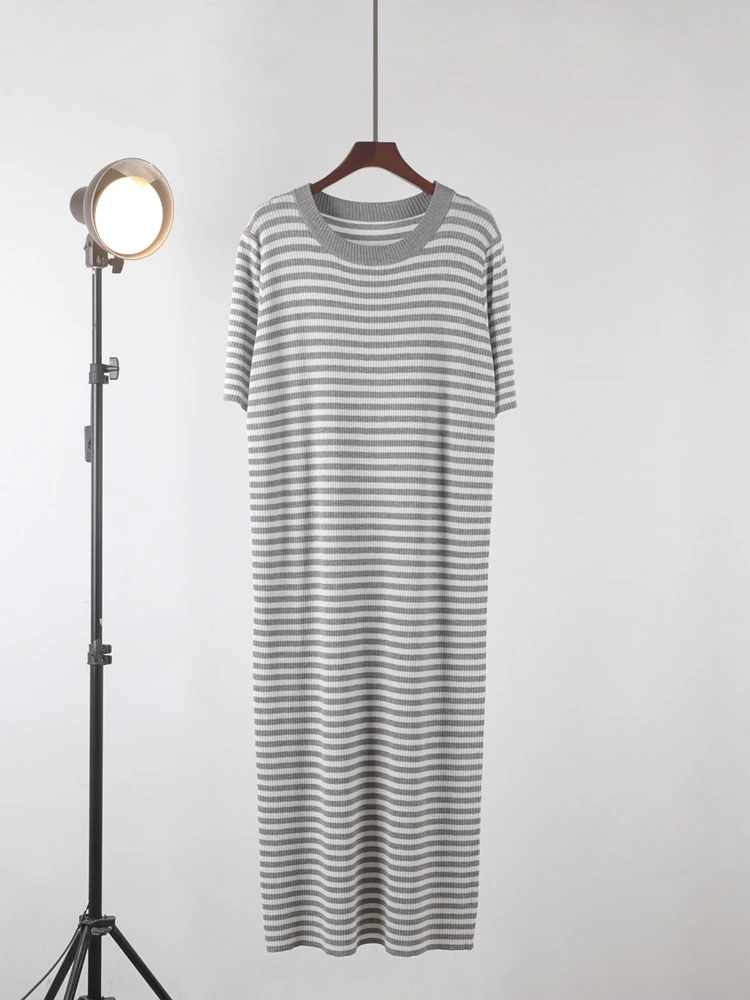 韓国スタイル春/夏ソリッドカラープルオーバールーズウエストストライプロングTシャツドレス女性用