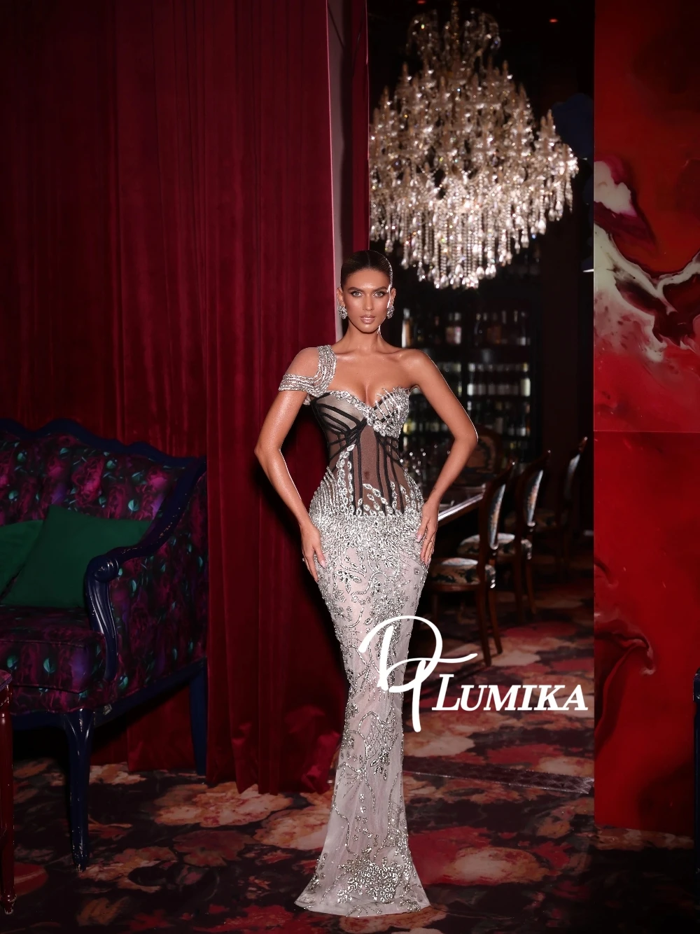 

New Arrival Statement One Shoulder Evening Dress Illusion Bodice Bodycon Beading Delicate Prom Gown Customized Red Carpet Wear