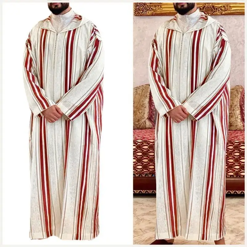 

Lapel Muslim Dresses for Men Long Sleeve Striped Shirt Kaftan Thobe Robe Gown