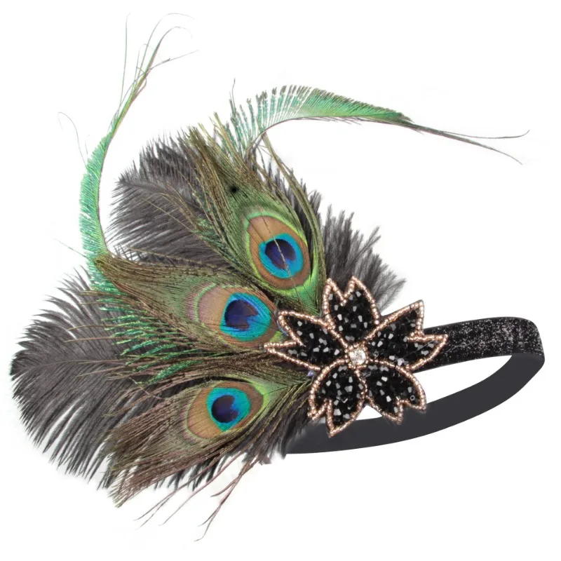1920s flapper bandana para mulher pena preta gatsby headpiece para traje elástico 20s pena headbands menina