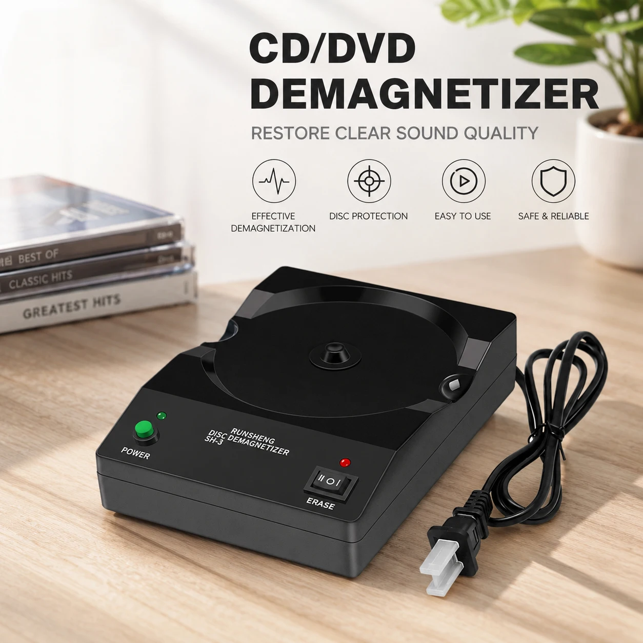 CD DVD Demagnetizer Dual Gear Eraser with Indicator Light Enhances Audio Video Quality 10A 250V Safe Home Design