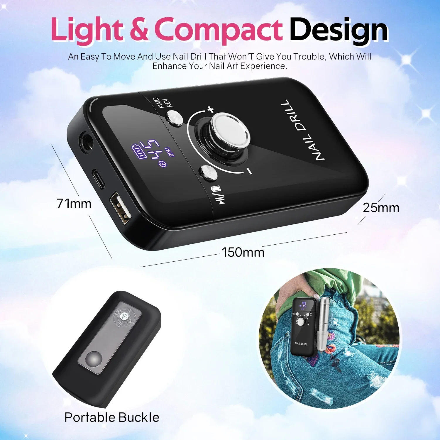 45000RPM高速電動ネイルドリル、プロフェッショナルネイルサンダー、USB電動ネイルドリル、ネイルキット、爪やすり研磨ツール