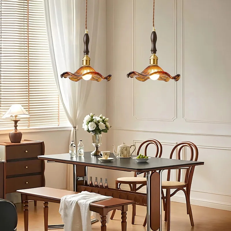 Japanese Retro Walnut Color Restaurant Glass Pendant Lights Tea Room Bar Counter Cafe Bar Dining Table Bedroom Small Chandeliers