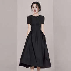 High Quality Fashion Summer Black Ball Gown Dress 2023 Elegant Women O Neck Short Sleeve Slim Waist Ladies Office Midi Vestidos