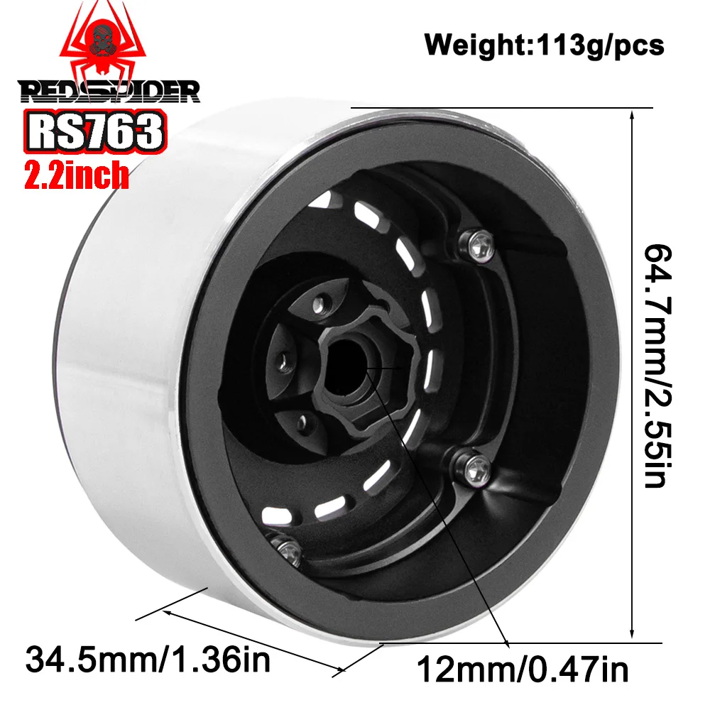 RedSpider 4Pcs 2.2 Inch RC Crawler Alloy Wheel Hubs, Black Silver Beadlock Rims Fit 1:10 Wraith Traxxas TRX6 Replacement Parts