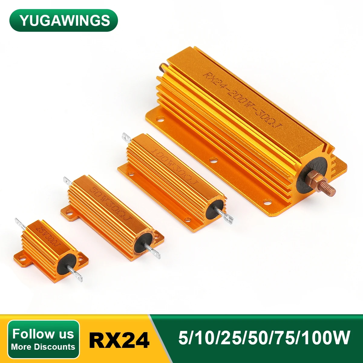 

5W 10W 25W 50W 100W Aluminum Power Metal Shell Wirewound Resistor RX24 0.1R~10K 1 2 3 5 6 8 10 20 1K 10K ohm Gold Resistors