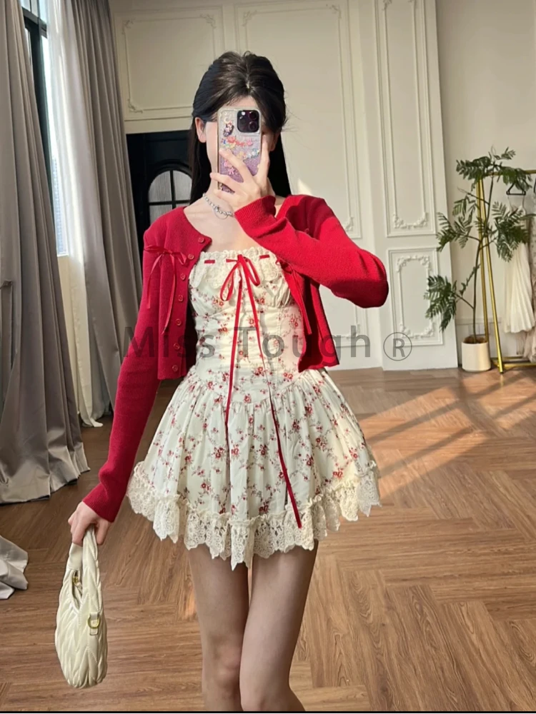 2024 Spring Sweet Cottagecore New 2 Piece Set Women Red Knitted Cardigan +Cute Mini Dress Female Bow Retro Casual Floral Clothes