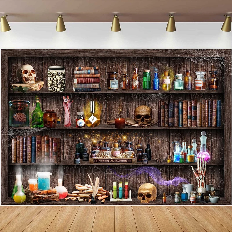 Mad Scientist Laboratory Photography Backdrop Halloween Spooktakular Creepy Skull Poison Apothecary Kitchen Birthday Background