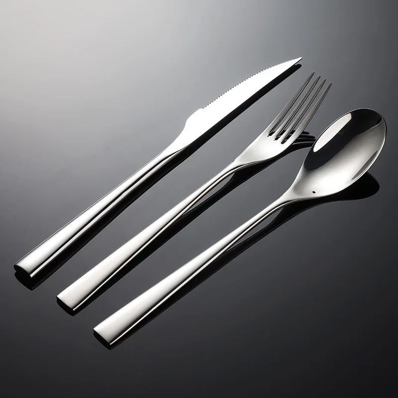 Thick Square Handle Cutlery Stainless Steel Dinnerware Sets Silver Fork Knife Spoon Teaspoon Teafork Full Table Dining Service