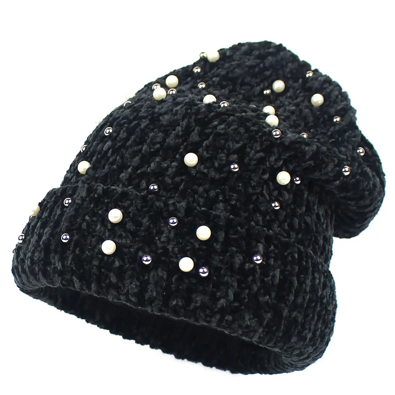 Pearl-trimmed Knitted Beanie for Ladies Warm Autumn/winter Pull-over Hat Fashionable Woolly Cap