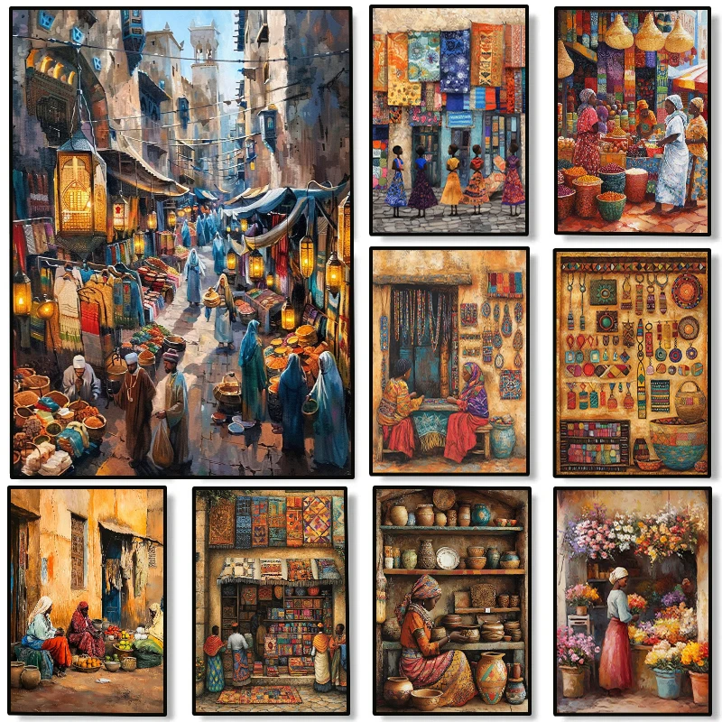 Colorful Market Scene Goods Ornate Rugs Poster African Culture Kente Cloth Marketplace Canvas Painting Wall Art Room Home Decor