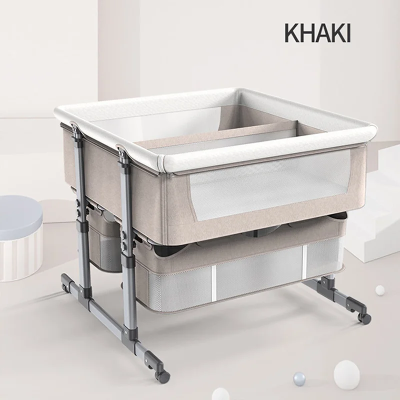 Foldable Twin Cot Bed, Height adjustable Beside Cribs, Kids Cribs with Storage Bag, With seat belt, Seamless Splicing