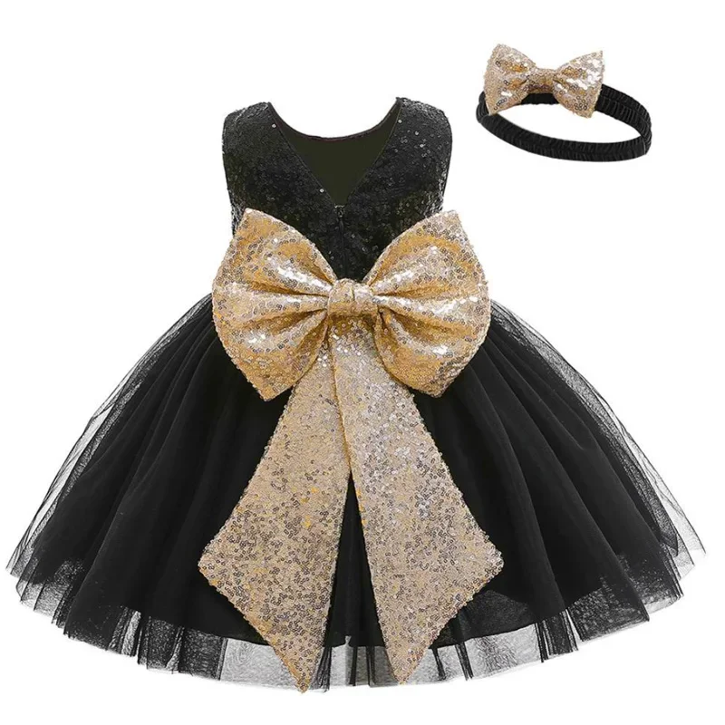 

Newborn Baby Black and Gold Halloween Dress Sparkly Sequin Pageant Elegant Dress for Girls 1 Year Kids Evening Formal Dresses