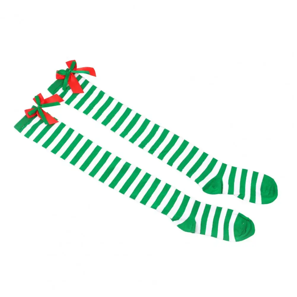 1 Pair Of Winter Christmas Socks With Bows Decorated With Contrasting Colors Striped Warm Knee-warmers Autumn And Winter Socks
